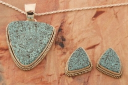Artie Yellowhorse Genuine Kingman Web Turquoise Sterling Silver Pendant and Earrings Set